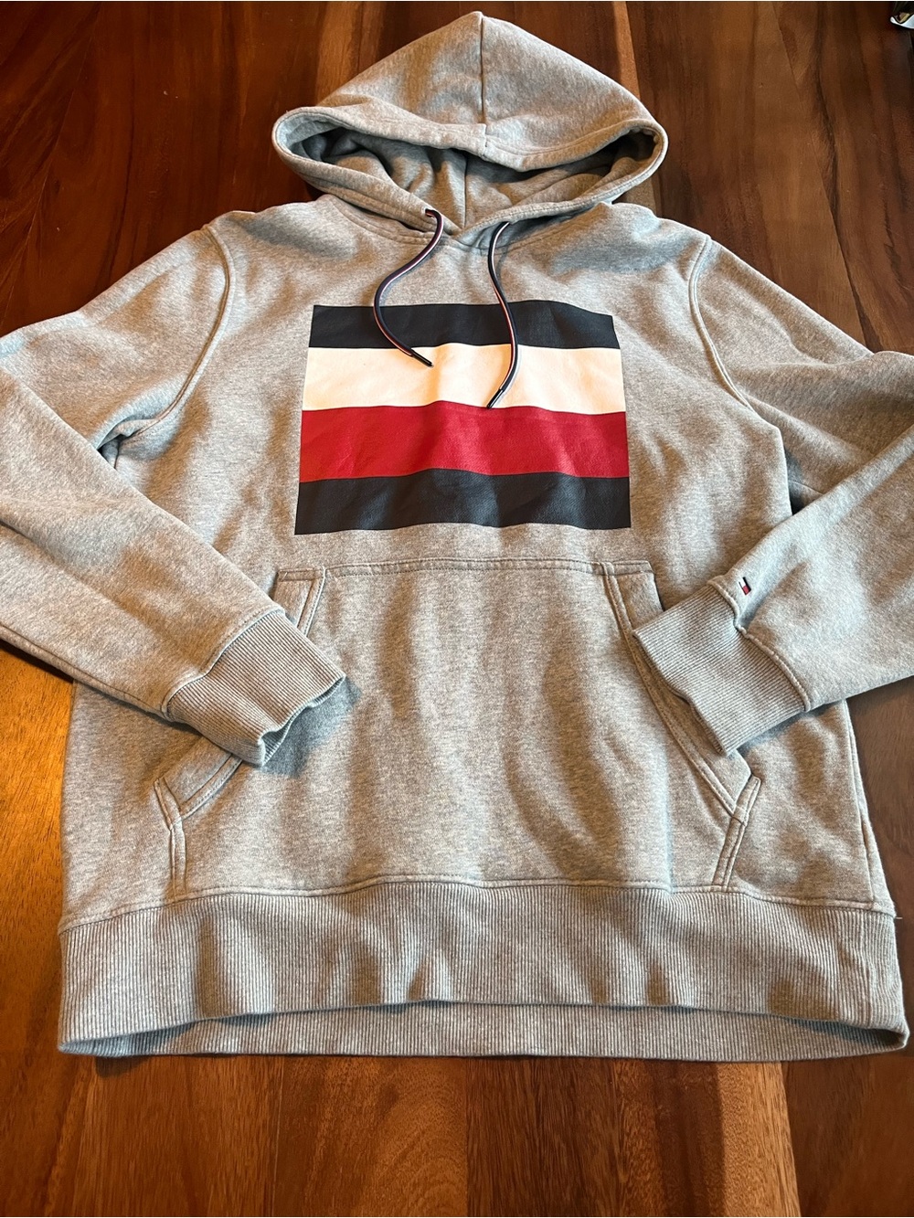 Gray Hooded Sweatshirt with Striped Chest Panel